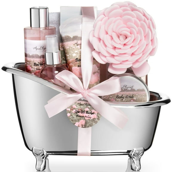 Aqua Elegante Spa Gift Basket For Women - Luxury Bath Set With Rose Oil & Peony