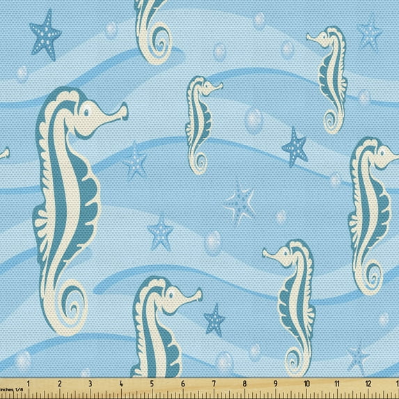 Ambesonne Aqua Fabric by the Yard Upholstery, Sea Horse and Starfishes, 3 Yards, Pale Blue Teal Eggshell