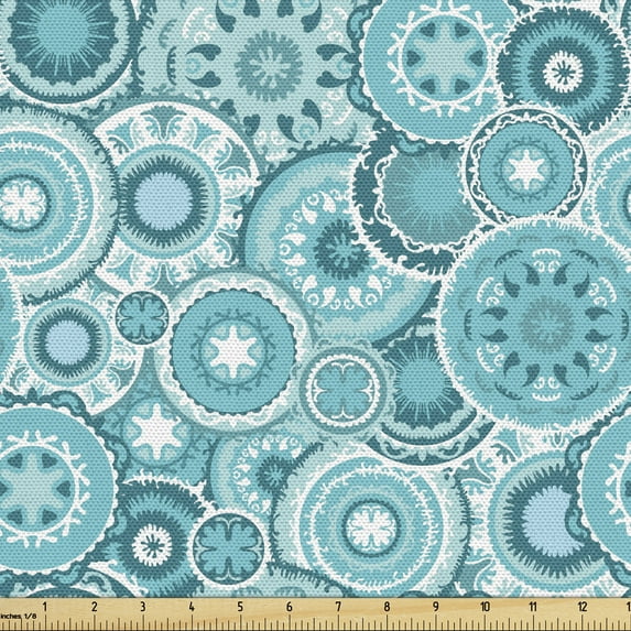 Ambesonne Aqua Fabric by the Yard Upholstery, Mandala Round, 5 Yards, Turquoise Teal White