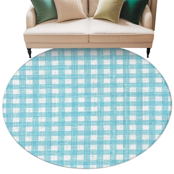 Aqua Farmhouse Check Round Rug 8ft Washable Circle Rugs Non Slip Buffalo Plaid Boho Vintage Rustic Large Area Rug Indoor Floor Carpet for Bedroom Kitchen Living Room Home Office Dining Room Nursery