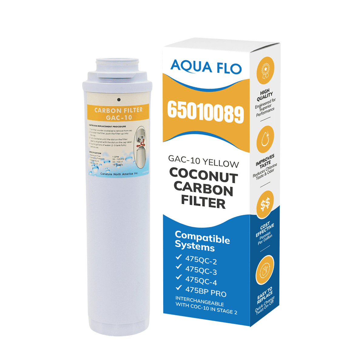 Aqua Flo 65010089 Yellow GAC Water Filter Cartridge, 10 Micron, Replacement for 475QC & 475 Pro Series RO Systems