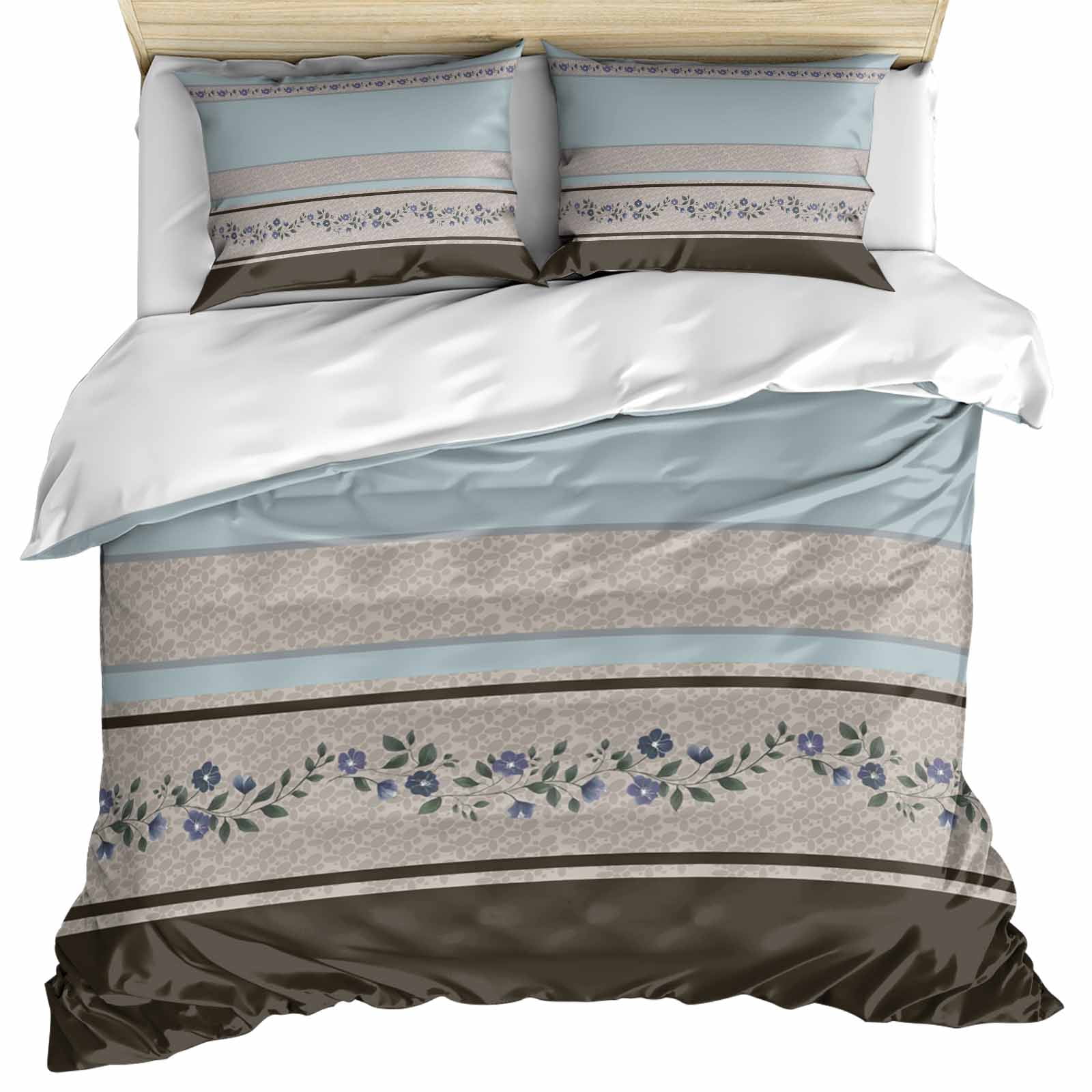 Aqua Floral Bedding 3 Piece Duvet Cover Set Twin Size, Modern Farmhouse Leaves Brown Striped Soft Microfiber Comforter Cover with Zipper Closure & Pillowcases, Wrinkle & FadeResistant Quilt Cover