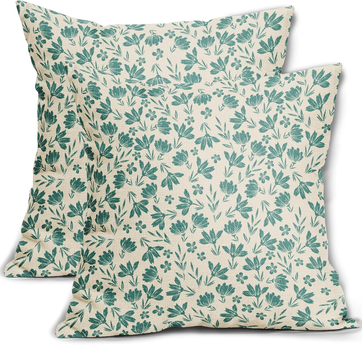Aqua Floral Pillow Covers 18x18 Set of 2 Vintage Rustic Old Style Cute Small Flower Teal Cream Print Decorative Outdoor Pillowcases Farmhouse Throw Cushion Case Decor for Couch Sofa Bed