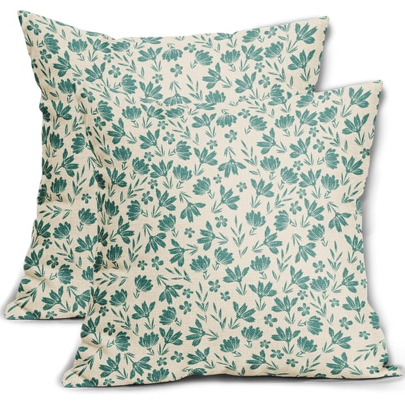 Aqua Floral Pillow Covers 20x20 Set of 2 Vintage Rustic Old Style Cute Small Flower Teal Cream Print Decorative Outdoor Pillowcases Farmhouse Throw Cushion Case Decor for Couch Sofa Bed