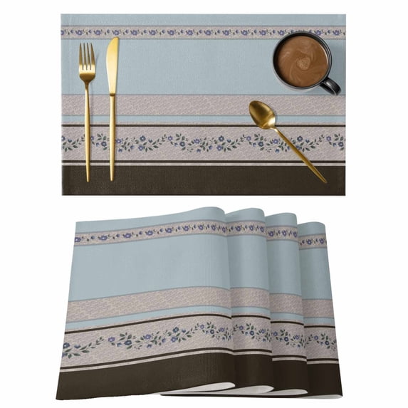 Aqua Floral Placemats Set of 6 Modern Farmhouse Leaves Brown Striped Place Mats Indoor Wipeable Table Mats Washable Cloth Dining Table Placemats for Kitchen Holiday Party Home Decor 13x19 Inch
