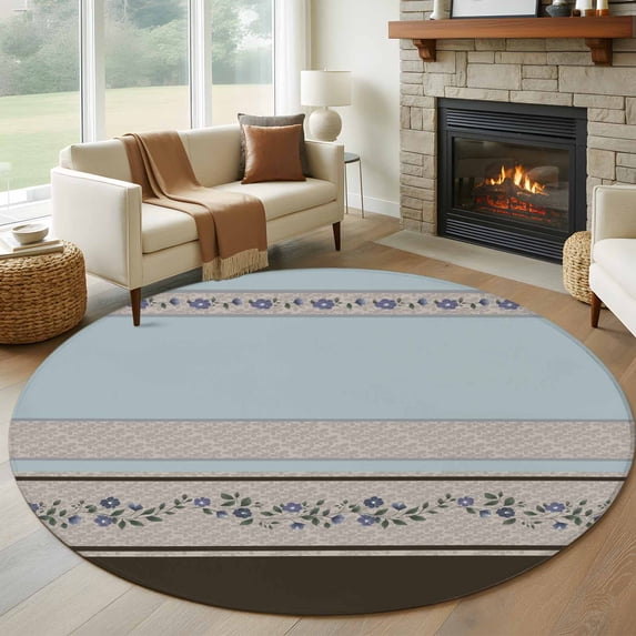 Aqua Floral Round Area Rug 7Ft Washable Circle Rugs for Dorm Laundry Room, Modern Farmhouse Leaves Brown Striped Non-Slip Carpet Floor Mats Indoor Outdoor Carpet Runner Aesthetic Home Decor