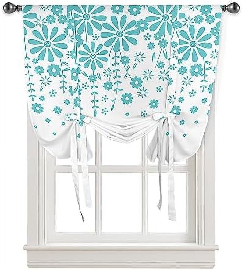 Aqua Floral White Tie Up Curtains for Kitchen Bedroom Living Room