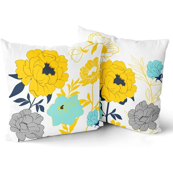 Aqua Flower Throw Pillow Covers - Yellow Blue Floral Pillow Cases 2PCS Patio Flowers Pillow Cushion Case Home Sofa Bed Decor Pretty Floral Farmhouse Outdoor Couch Pillowcase 20x20 Inch