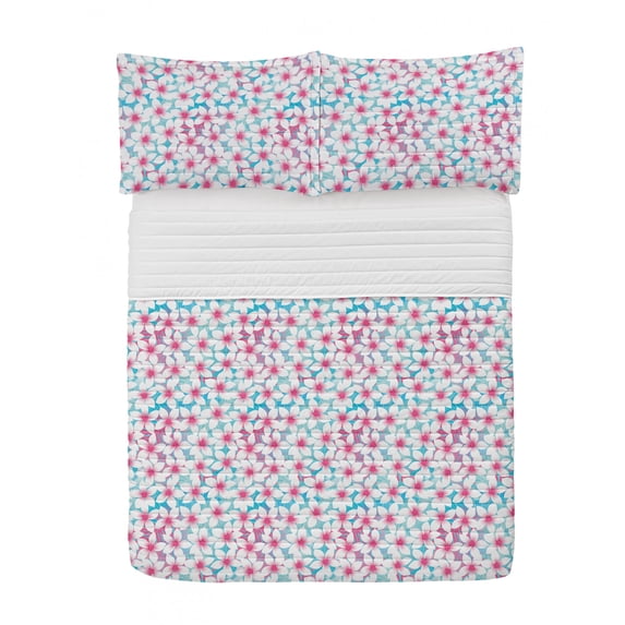 Aqua Flowers Microfiber Bedspread Set, Tropical Plumeria Blooming Hawaii Exotic Island Petals Illustration, Soft Bedding Set with Pillow Shams & Comforter, 3 Sizes, White Blush Turquoise, by Ambesonne