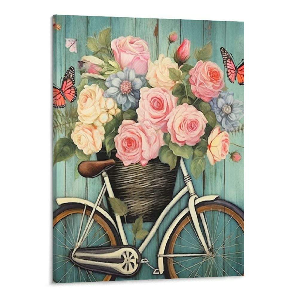 Aqua Flowers Painting Butterfly Canvas Wall Art Bicycle Vintage Roses ...