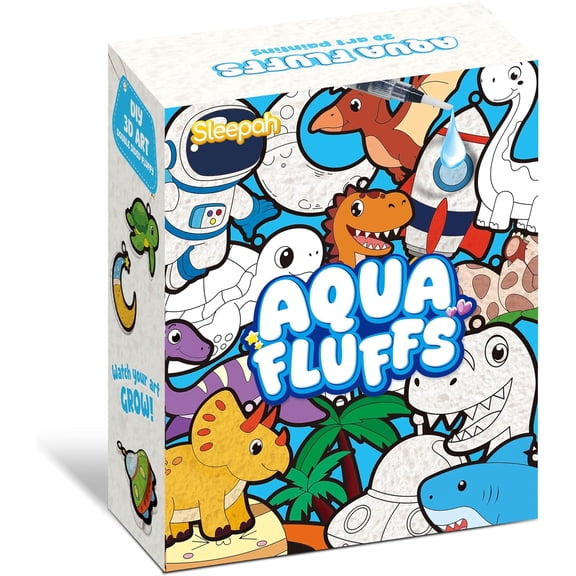 Aqua Fluffs Mess-Free 3D Puffs Art Kit for Kids Double-Sided Water-Activated Craft with Dinosaur & Space Designs, No Glue or Paint, Creative Activity for Boys & Girls Ages 38 Dinosours & Space