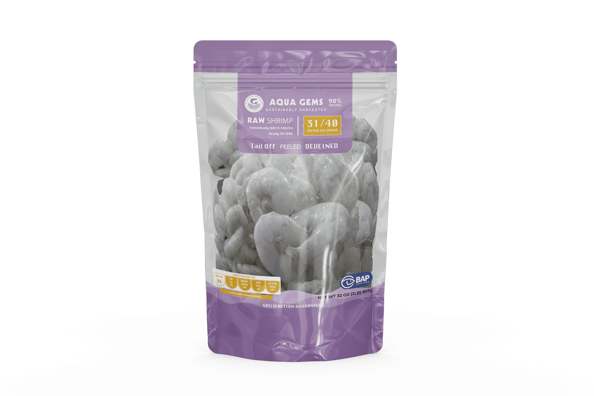 Aqua Gems Frozen Raw Large Peeled and Deveined Shrimp Value Bag, 32 oz (31-40 Count per lb)
