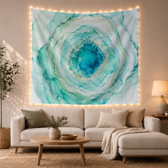 Aqua Geode Ring With Layered Marble Lines, Calming Abstract Style for Art Lovers, Watercolor Wall Art, Housewarming Gift, Tapestry Wall Hanging for Bedroom and Living Room