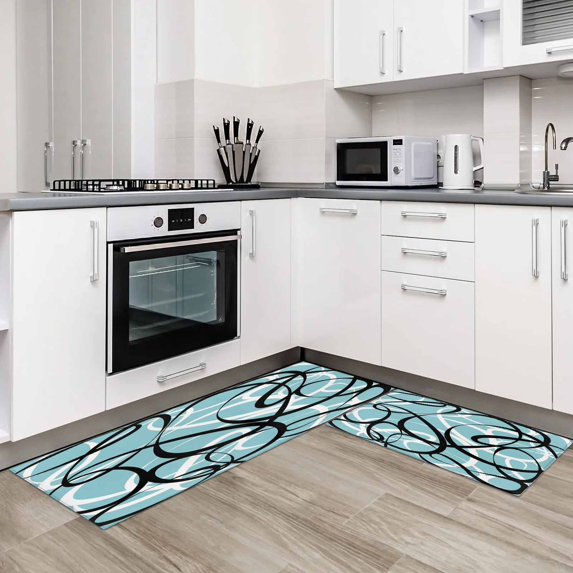 Aqua Geometric 2 Pieces Non-Slip Kitchen Mat Set Modern Black White ...