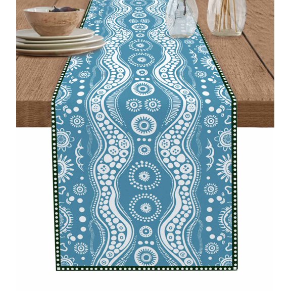 Aqua Geometric Burlap-Cotton Table Runner 36 Inches Long,Modern Abstract Polka Dots Farmhouse Table Runners,Outdoor Dining Tablecloths Decor for Baby Shower/Party/Wedding 13x36