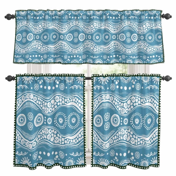 Aqua Geometric Kitchen Curtains Sets for Windows 24 Inch Length, Modern Abstract Polka Dots Rod Pocket Window Treatments Tier Curtains and Valances Set for Bedroom/Bathroom