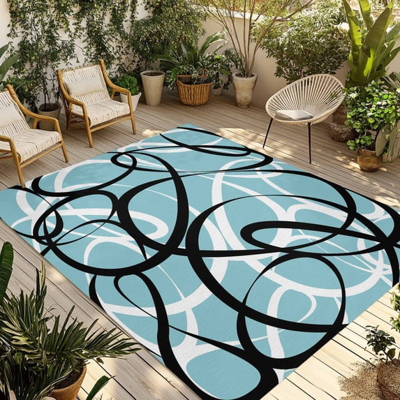 Aqua Geometric Outdoor Rug for Patio/Deck/Porch, Non-Slip Large Area Rug 5 x 8 Ft, Modern Black White Striped Abstract Lines Indoor Outdoor Rugs Washable Area Rugs, Camping Rug Carpet Runner