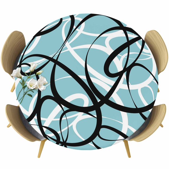 Aqua Geometric Round Tablecloth, Fitted Table Cover with Elastic for 36"-44" Round Tables, Modern Black White Striped Abstract Lines Table Cloth Outdoor Indoor Dinning Party Waterproof Tablecloths