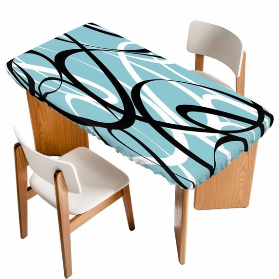 Aqua Geometric Table Cloths for 4 Foot Rectangle Tables, Modern Black White Striped Abstract Lines Patio Waterproof Elastic Fitted Tablecloths, Washable Rectangular Table Cover for Camping