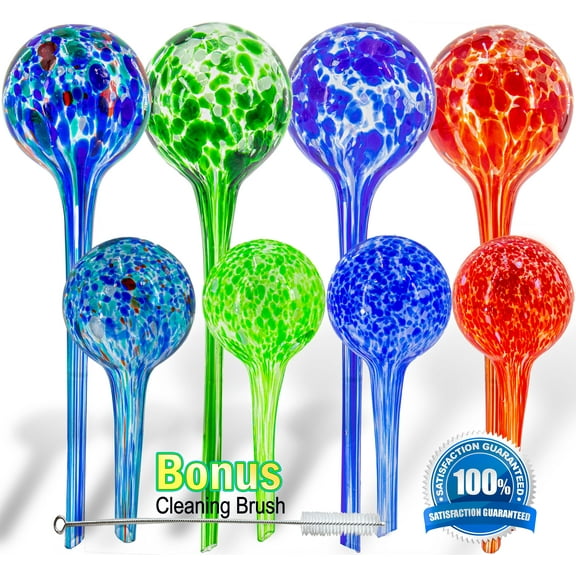 Aqua Glass Plant Watering Globes - 8pc Set Automatic Self Watering System with Insert Spikes - Indoor Outdoor Plant Care Drip Irrigation -For Potted Plants - (4 X-Large, 4 Small) - Multicolor