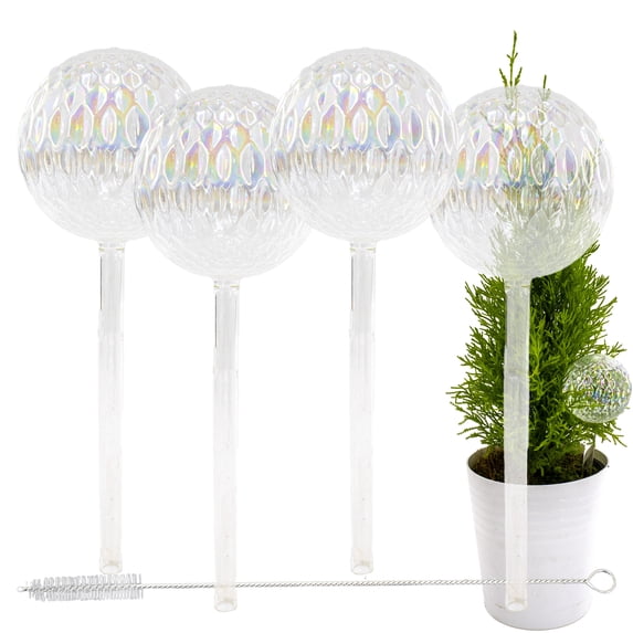 Aqua Glass Plant Watering Iridescent Ball Globes - Automatic Self Watering Drip Irrigation Ideal for Vacation Plant Care, Indoor/Outdoor Potted Flowers, Herbs, Houseplants - 10" 6-7 oz 4pc Set