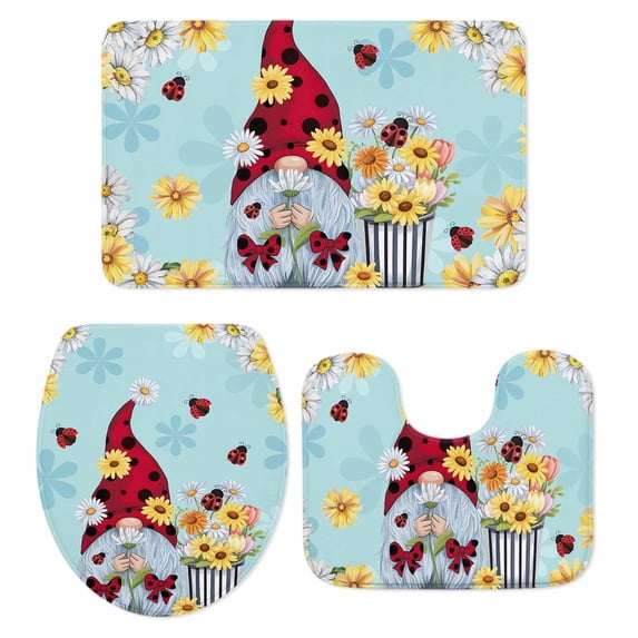 Aqua Gnomes Daisy Bath Mat 3 Piece Bathroom Rug Set, Pastoral Country Garden Floral Non Slip Bath Rug Contour Mat and Toilet Lid Cover, Absorbent Shower Mats Soft Bath Rugs and Mats Sets