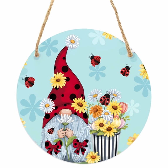 Aqua Gnomes Daisy Round Front Door Welcome Sign, 7.8 Inch Wall Hanging Decor for Indoor Outdoor, Pastoral Country Garden Floral Home Porch Hanger Decorations for Holiday Gift