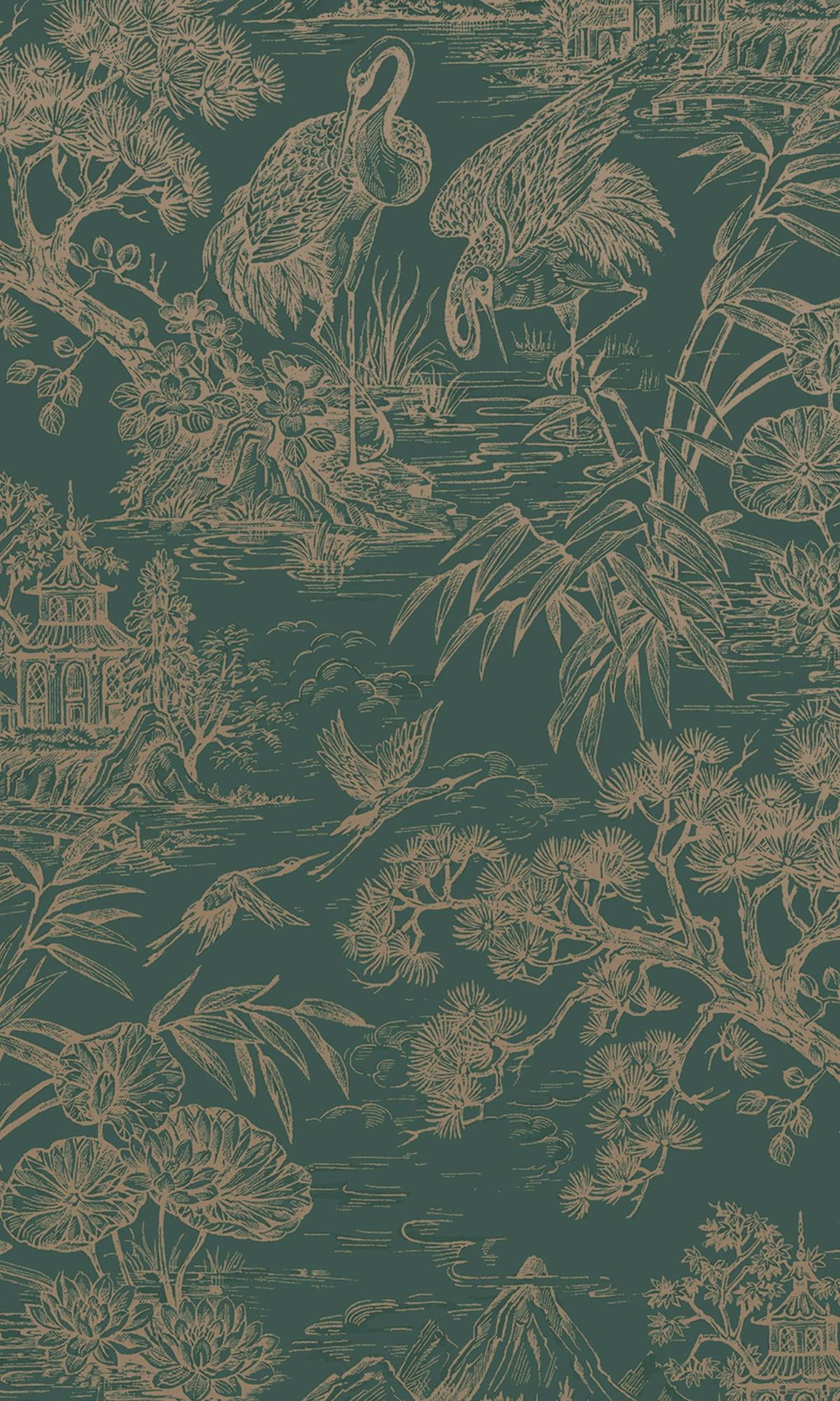 Aqua Gold Majestic Crane Tropical Wallpaper