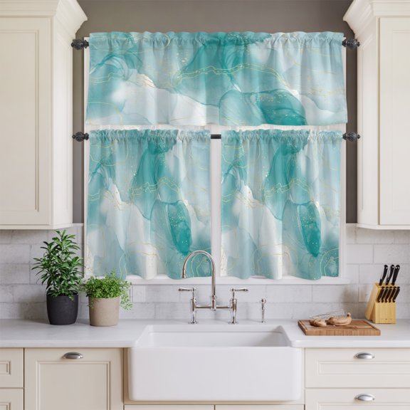 Aqua Gradient Marble Abstract Ombre Curtain Tier and Valance Set 3 Piece,Gold Stripe Ink Art 3-inch Rod Pocket Window Tier Curtains Valance for Kitchen Living Room