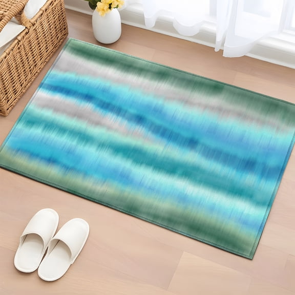 Aqua Gradient Sea Mist 2'x3' Rug for Entryway Front Door Kitchen Sink Area, Abstract Blue Green Water Ripples Low Pile Washable Non Slip Rectangle Area Rug