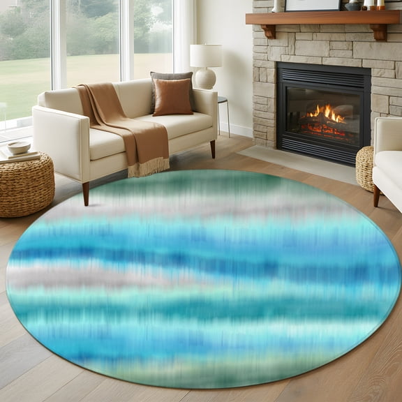 Aqua Gradient Sea Mist 8' Round Rug for Open Concept Living Room Seating Zone, Abstract Blue Green Water Ripples Washable Non Slip Large Circle Area Rug