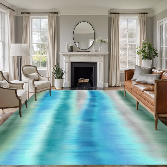 Aqua Gradient Sea Mist 8'x10' Large Area Rug for Living Room Sectional Sofa, Abstract Blue Green Water Ripples Washable Non Slip Low Pile Rectangle Area Rug