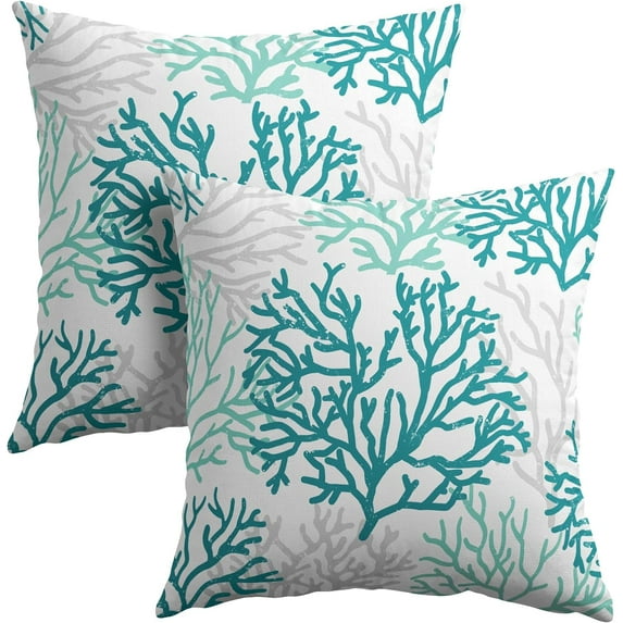 Aqua and Gray Coral Throw Pillow Covers 16x16 Set of 2 Summer Beach Turquoise Coral Cushion Case Cotton Linen Square Sea Coral Tree Throw Pillows Case for Holidays Party Sofa Couch Bed Bench Outdoor