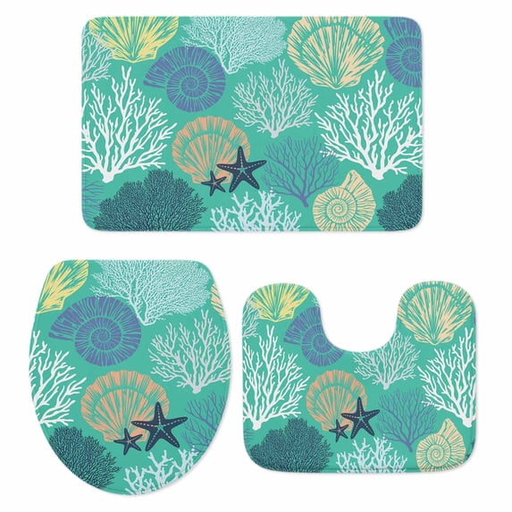 Aqua Gray Shell Coral Bath Mat 3 Piece Bathroom Rug Set, Coastal Summer Beach Nautical Ocean Non Slip Bath Rug Contour Mat and Toilet Lid Cover, Absorbent Shower Mats Soft Bath Rugs and Mats Sets