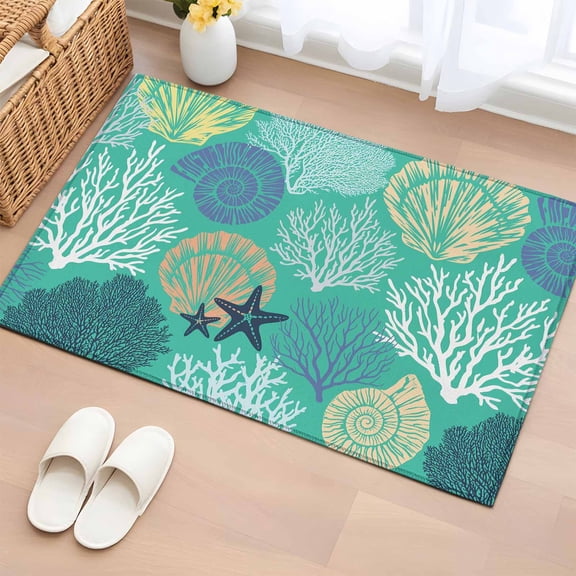 Aqua Gray Shell Coral Bathroom Mats 2x3 FT,Non Slip Small Kitchen Mat,Coastal Summer Beach Nautical Ocean Washable Soft Backed Front Door Throw Rugs Indoor Outdoor Doormats for Entryway Sink