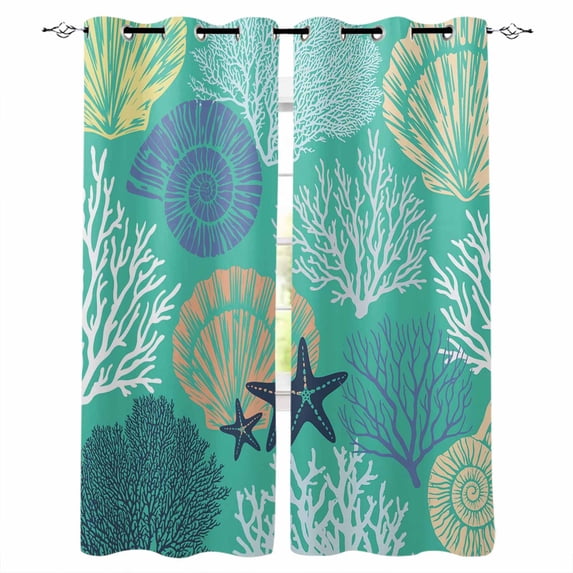 Aqua Gray Shell Coral Blackout Curtains for Bedroom Living Room Darkening Curtains 90 Inch Coastal Summer Beach Nautical Ocean Black Out Window Curtain Privacy Window Treatment Drapes 52"x90"x2