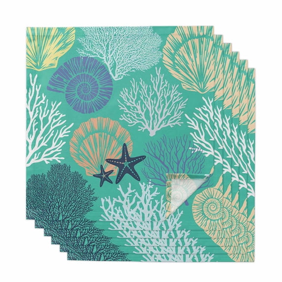 Aqua Gray Shell Coral Cloth Napkins, Coastal Summer Beach Nautical Ocean Washable and Reusable Dinner Napkins Set of 6, Table Napkin for Kitchen Party Birthday Wedding Hotel Housewarming 20"x20"