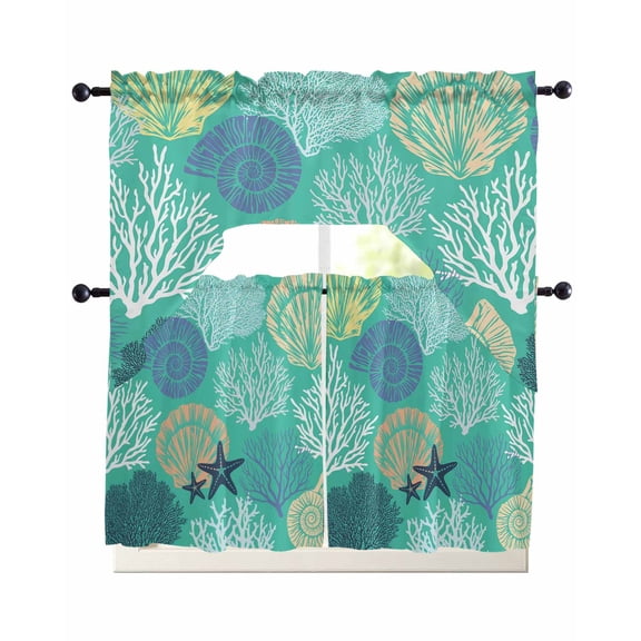 Aqua Gray Shell Coral Kitchen Curtains Sets 36 Inch Length with Valance, Coastal Summer Beach Nautical Ocean Swag Valances and Tiers Curtain Set Drapes Swag Curtains for Living Room, Bathroom