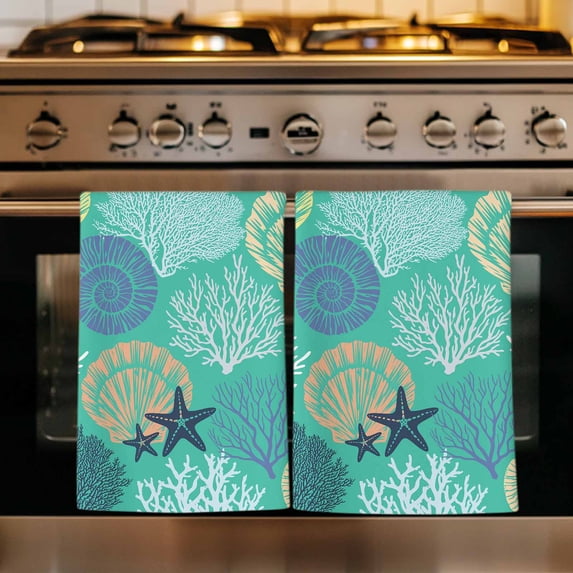 Aqua Gray Shell Coral Kitchen Towels Set of 4, Coastal Summer Beach Nautical Ocean Absorbent Dish Towels for Kitchen, Microfiber Hand Towel, Quick Drying Tea Towel for Cleaning Decorative Dishcloths