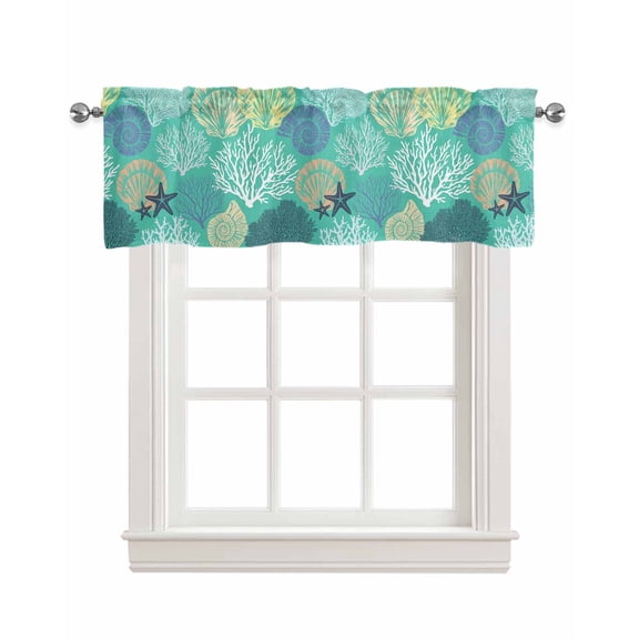 Aqua Gray Shell Coral Kitchen Valances for Windows Farmhouse Linen Window Valance Curtain for Living Room Window Treatment Coastal Summer Beach Nautical Ocean Valance Rod Pocket Topper, 60 x 18 Inch