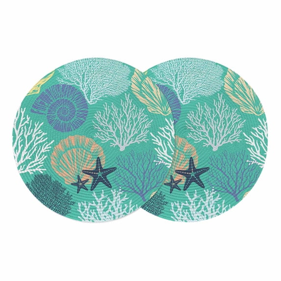 Aqua Gray Shell Coral Round 13 Inch Placemats Set of 2, Coastal Summer Beach Nautical Ocean HeatResistant Non Slip Place Mats for Dining Table, Wipeable Braided Kitchen Table Mats for Housewarming