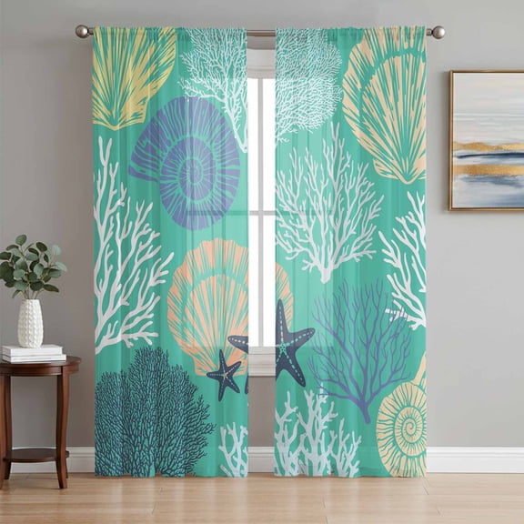 Aqua Gray Shell Coral Semi Sheer Curtains 84 Inch Length 2 Panels Set, Coastal Summer Beach Nautical Ocean Sheer Kitchen Curtain Privacy Voile Window Curtain for Living Room Bedroom Rod Pocket Drapes