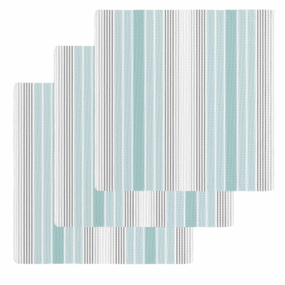 Aqua Gray Stripes Dish Towels Set, Waffle Weave Kitchen Towels 3 Pieces, Minimalist Gradient Lines Aesthetic Microfiber Hair Face Bath Tea Towel Absorbent Quick Drying Cleaning Dish Cloths, 12"x12"