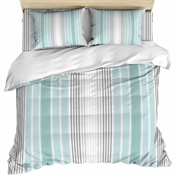 Aqua Gray Stripes Duvet Cover Set, Minimalist Gradient Lines Aesthetic Soft Duvet Cover Queen Size Bedding Set 4 Pieces, 1 Quiltcover and 2 Pillowcases with Zipper, 1 Bed Sheet for All Seasons