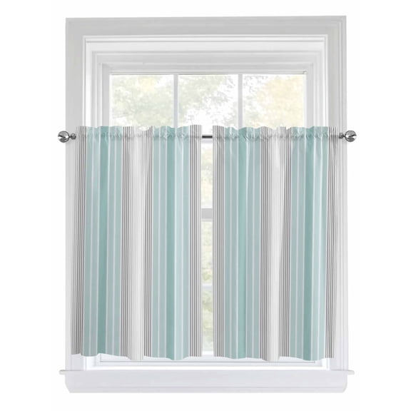 Aqua Gray Stripes Kitchen Curtains 54 Inch Length, Minimalist Gradient Lines Aesthetic Rod Pocket Light Filtering Window Curtains Living Room Bedroom Curtain Drapes Cafe Curtain 42''x54''x2