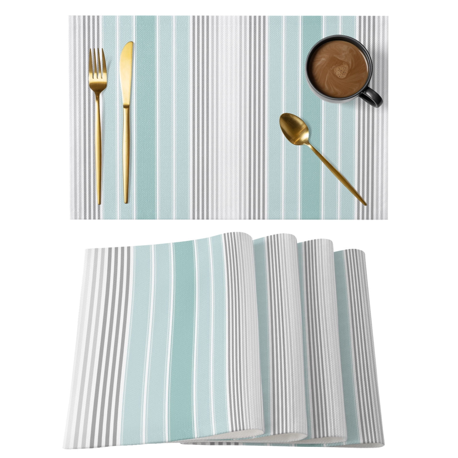 Aqua Gray Stripes Placemats Set of 12, Cotton Linen Fabric Place Mats ...