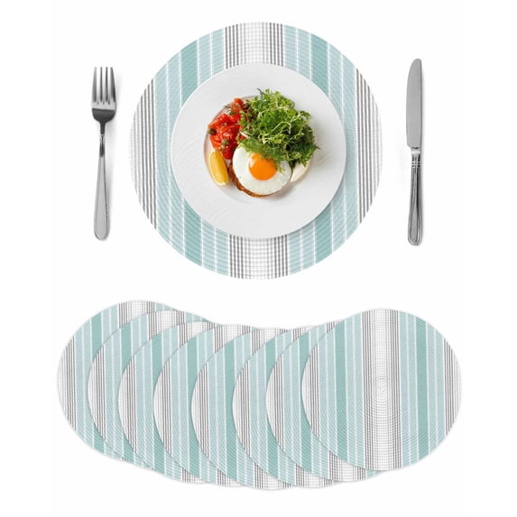 Aqua Gray Stripes Round 13 Inch Placemats Set of 8, Minimalist Gradient Lines Aesthetic HeatResistant Non Slip Place Mats for Dining Table, Wipeable Braided Kitchen Table Mats for Housewarming