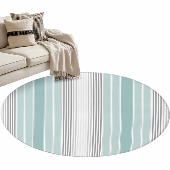Aqua Gray Stripes Round Area Rug 4ft, Minimalist Gradient Lines Aesthetic Washable Non-Slip Circle Rugs for Bedroom Living Room Kitchen, Soft Non Shedding Circle Carpet for Dining Room Dorm