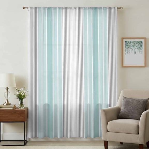 Aqua Gray Stripes Sheer Curtains 72 Inches Long, Minimalist Gradient Lines Aesthetic Light Filering Curtains, Breathable Simi Curtain Privacy Drapes for Living Room Bedroom Window Treatment