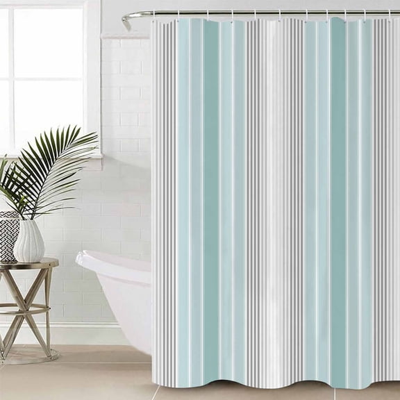 Aqua Gray Stripes Standard Shower Curtain Set, Waterproof Shower Curtains for Bathroom, Minimalist Gradient Lines Aesthetic Washable Fabric Cloth Bath Curtain for Bathtub with Hooks 72x72 Inches